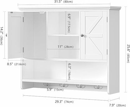Bathroom Wall Cabinet with Doors and Hooks, 3-Tier Wall Mounted Cabinet | - Image 3
