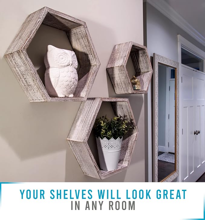 Comfify Rustic White Hexagonal Floating Shelves – Set of 3 – Honeycomb | Rustic - Image 4