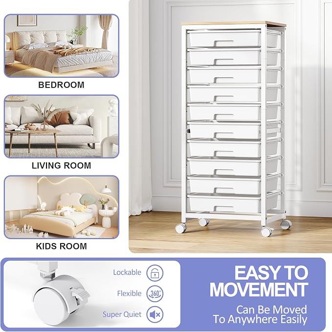 Rolling Cart with Drawers, 10 Drawer Rolling Cart, Storage Cart with Wheels - Image 6
