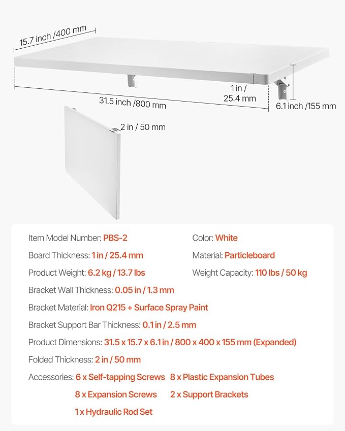 VEVOR Wall Mounted Folding Table, 31.5 x 15.7 inches Wall Mount Table, Floating - Image 2