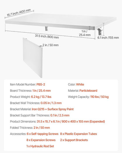VEVOR Wall Mounted Folding Table, 31.5 x 15.7 inches Wall Mount Table, Floating - Image 2