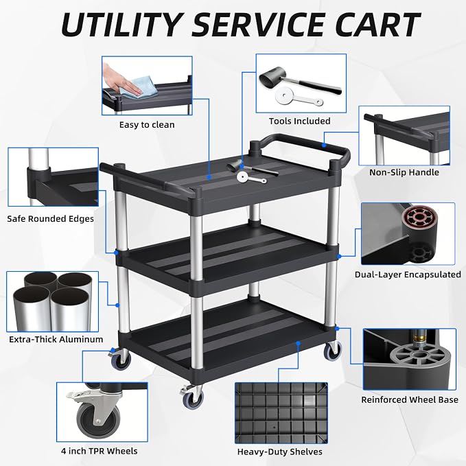 Plastic Utility Carts with Wheels, 3-Tier Rolling Service Cart, 300 lbs Heavy - Image 8