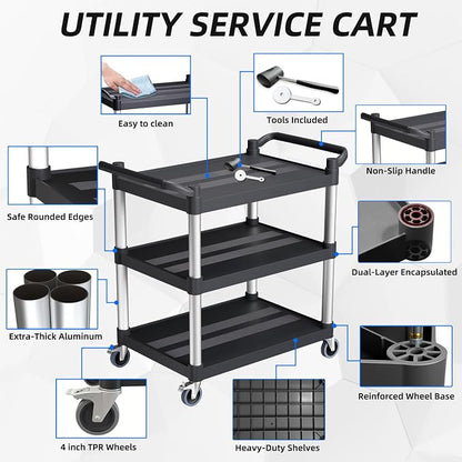 Plastic Utility Carts with Wheels, 3-Tier Rolling Service Cart, 300 lbs Heavy - Image 8