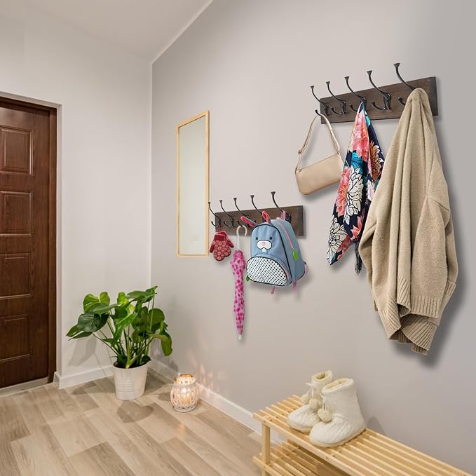 IBosins 2 Pack Coat Rack Wall Mount, Rustic Wooden Metal Coat Hooks Rail - Image 4