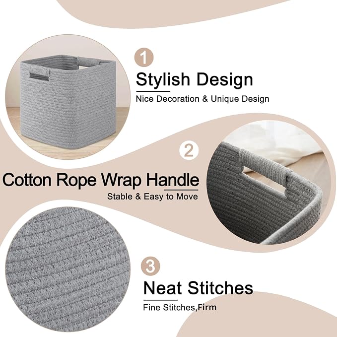 OIAHOMY Storage Cubes 11 Inch Bins-3-Pack, Cotton Rope Woven Baskets - Image 4