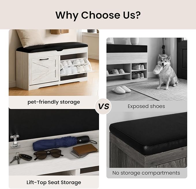 39" Shoe Storage Bench with Seat Cushion, Ash White | 8-Pair Shoe Capacity - Image 7