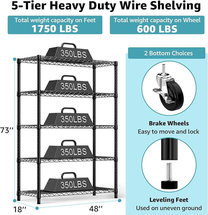 5-Shelf Storage Shelves, Wire Shelving Heavy Duty Metal Storage Shelving Unit - Image 3