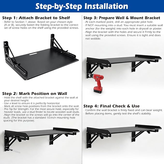 Folding Metal Floating Shelf, 16.9" x 11" Wall Mount Storage Rack - Image 7