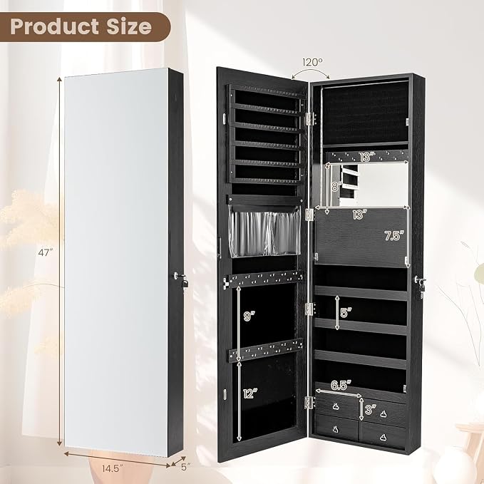 LDAILY 47” LED Jewelry Armoire, Door/Wall Mounted Mirror - Image 3