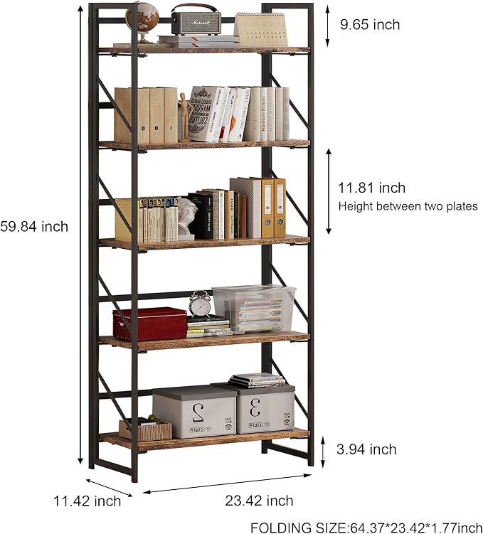 JSB No Assembly Folding Bookshelf, 5 Tier Industrial Metal Book Shelf - Image 3