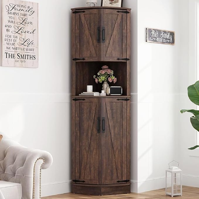 68" Tall Farmhouse Corner Cabinet, Dining Room Storage Cabinet by Hlivelood