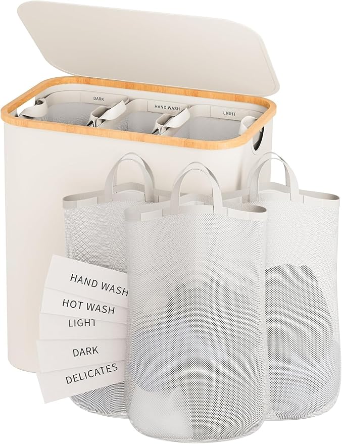 160L Laundry Hamper with Lid, 3 Section Laundry Basket with 3 Removable Bag | by Bathola