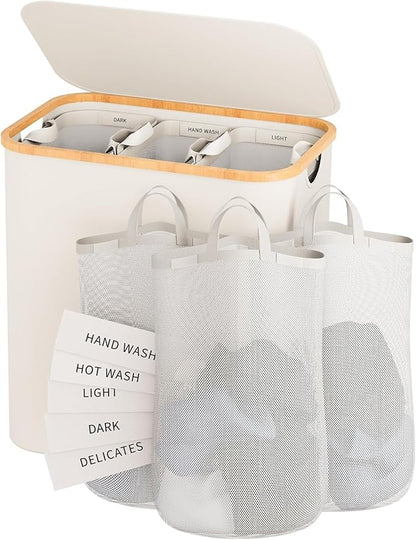 160L Laundry Hamper with Lid, 3 Section Laundry Basket with 3 Removable Bag | by Bathola