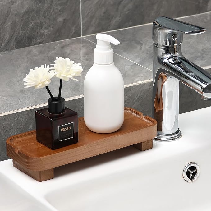 Wood Riser Small Decorative Tray Sink Soap Dish, Vanity Tray Pedestal Stand 8.7 - Image 2