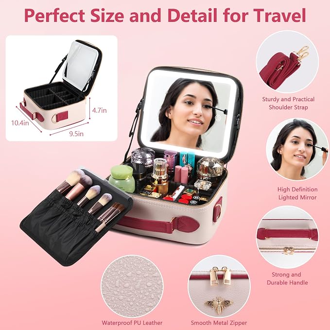 Travel Makeup Bag with Mirror of LED Lighted, Rechargeable Cosmetic Train Case - Image 4