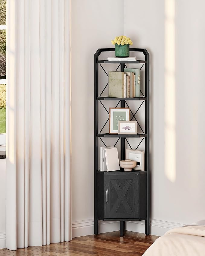 62.2" Corner Shelf with Cabinet, 4-Tier Tall Corner Bookshelf with X-Shaped and - Image 2