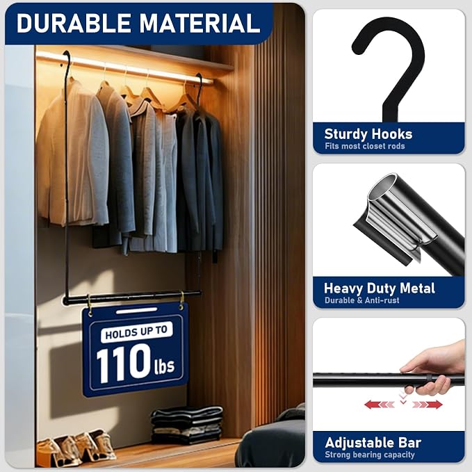 Hanging Closet Rod Extenders, Adjustable Width and Height Closet Extender - Image 5