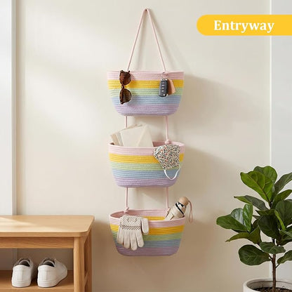 TeoKJ Over the Door Hanging Basket, 3-Tier Woven Cotton Wall-Mounted Storage - Image 7