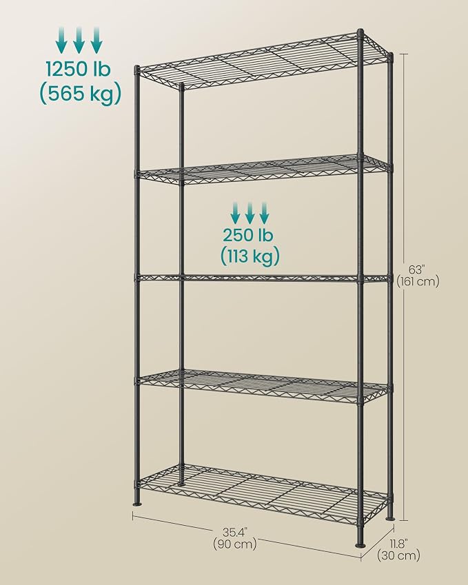 SONGMICS Storage Shelf, Metal Wire Shelving Unit, 5 Tier, Ink Black | - Image 3