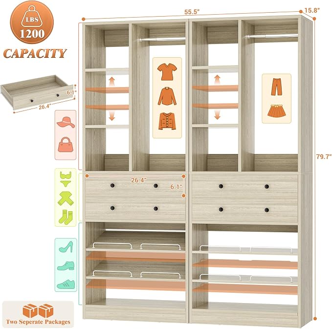 Besiost Closet System, 55.5"/4.6 FT Closet Organizer System - Image 3