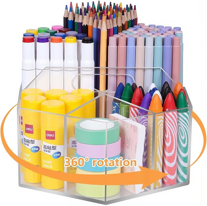 Pen Holder for Desk Acrylic, Large 6 Slots 360-Degree Rotating Marker Organizer by Hiborateed