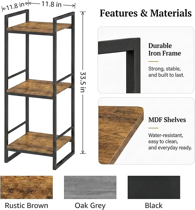 BYFU 3 Tier Bathroom Storage Open Shelf Rustic Brown Metal Corner Rack | 33.5" - Image 3