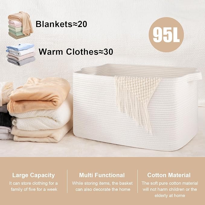 95L Large Storage Basket, Cotton Rope Woven Blanket Basket, Toy Storage - Image 3