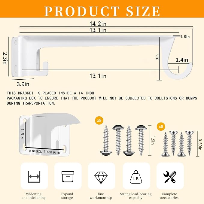 14in Heavy Duty Closet Rod Bracket Supports 200lbs Fits 1.4" rods | Carbon - Image 2