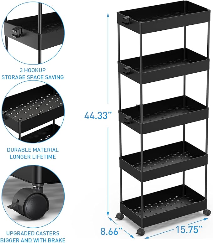 SPACEKEEPER 5-Tier Rolling Cart, Bathroom Storage Organizer Utility Cart - Image 3