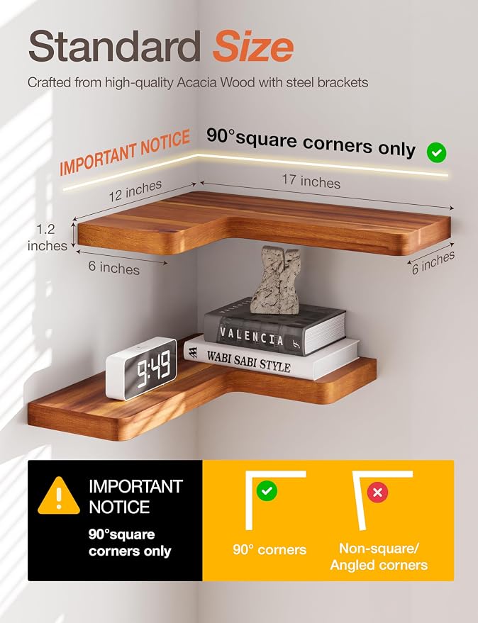 BATODA Acacia Wood Corner Floating Shelves 17" x 12"– Corner Shelf Wall Mounted - Image 2