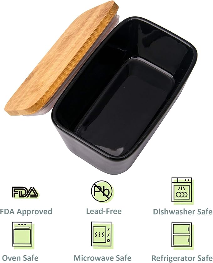 Butter Dish with Lid, Porcelain Keeper with Wood Lid Cover - Image 5