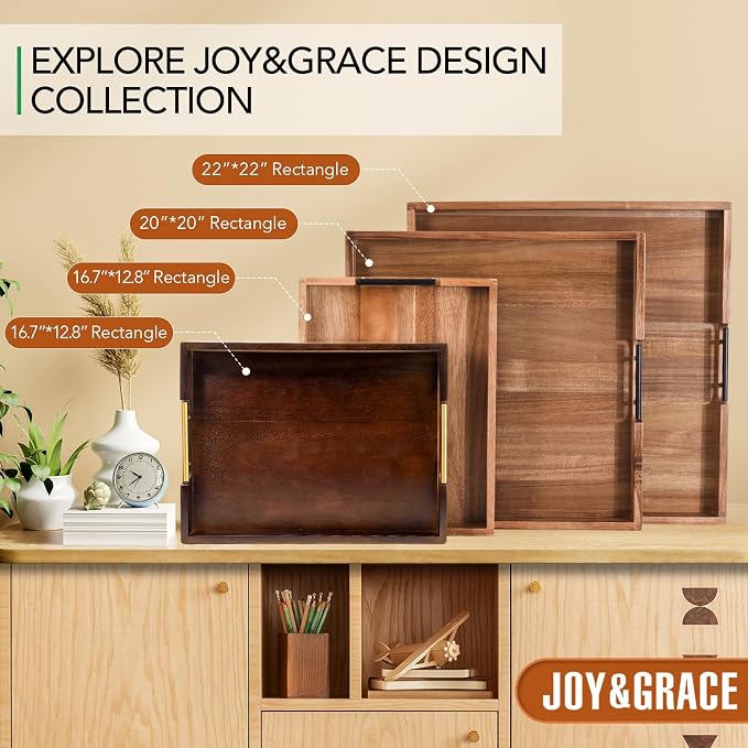 Joy&Grace Ottoman Tray for Living Room, Large Acacia Wooden Serving Tray - Image 6