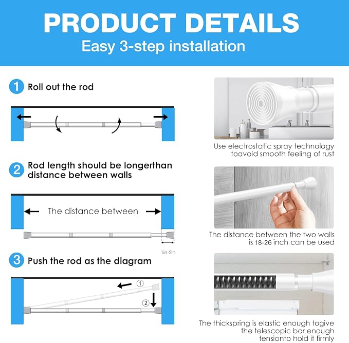 1 Pack Spring Tension Rod, Adjustable 18-26 Inch No Drill, Fits Windows Kitchen - Image 7