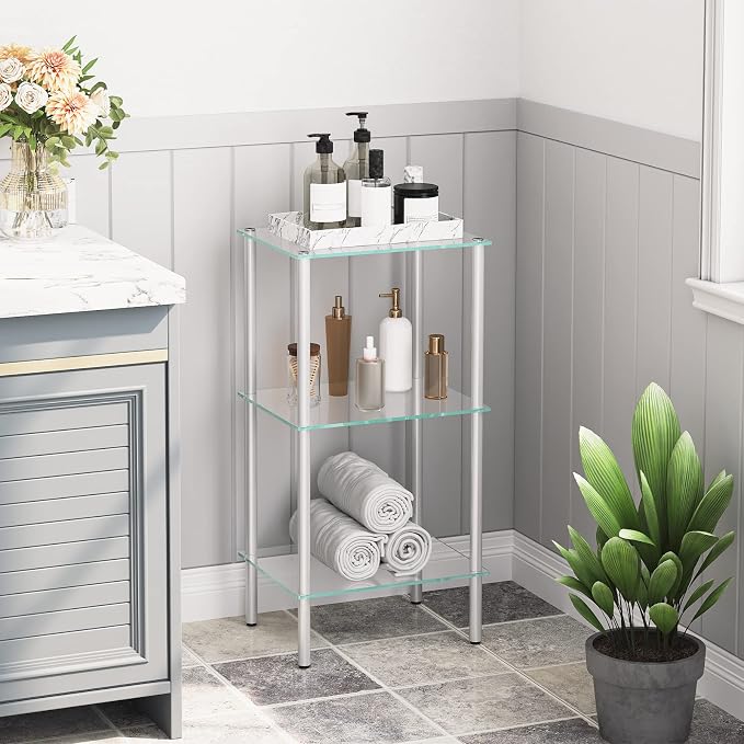 HOOBRO Glass Shelf, 3 Tier Bathroom Standing Shelf Unit, Tempered Glass - Image 2