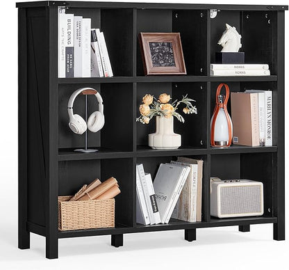 9 Cube Bookcase, Farmhouse 47 Inch Wide Black Bookshelf, Wooden 3 Tier Display by Joaxswe