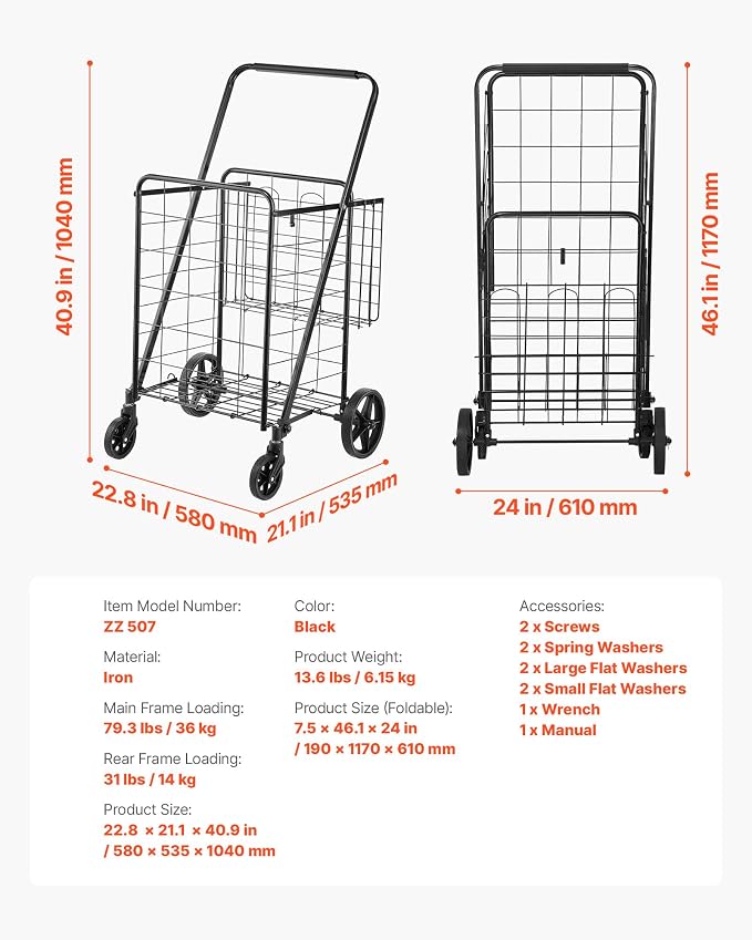 VEVOR Folding Shopping Cart, Double Baskets, 360° Swivel Wheels, 110 LBS Large - Image 7