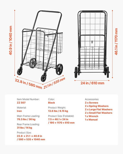 VEVOR Folding Shopping Cart, Double Baskets, 360° Swivel Wheels, 110 LBS Large - Image 7