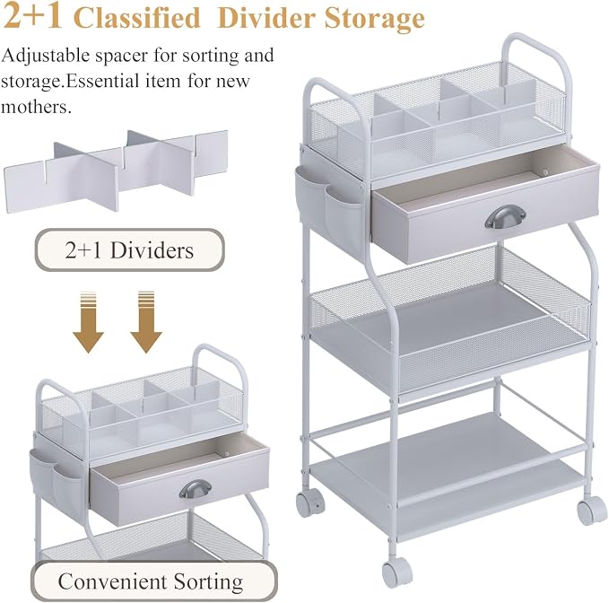Baby Diaper Caddy Cart Organizer -3 Tier, Bedside Nursery Essentials Cart & - Image 3