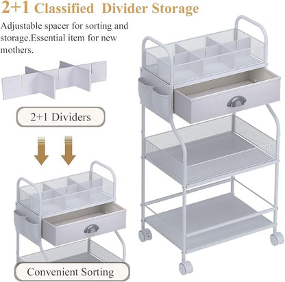 Baby Diaper Caddy Cart Organizer -3 Tier, Bedside Nursery Essentials Cart & - Image 3