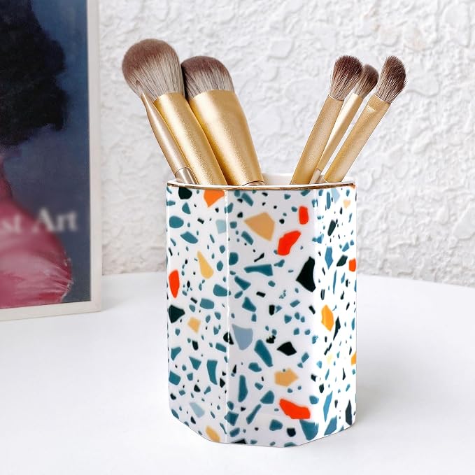 Pen Holder, Makeup Brush Holder Ceramic Shiny Gold Terrazzo Marble Stone - Image 2