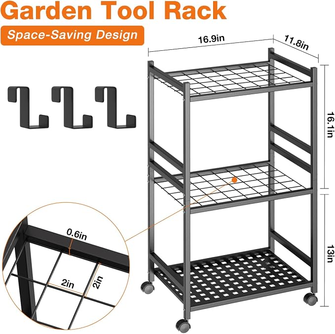Garden Tool Organizer with Wheels, Heavy-Duty Yard Tool Rack with 3 Side Hooks - Image 4