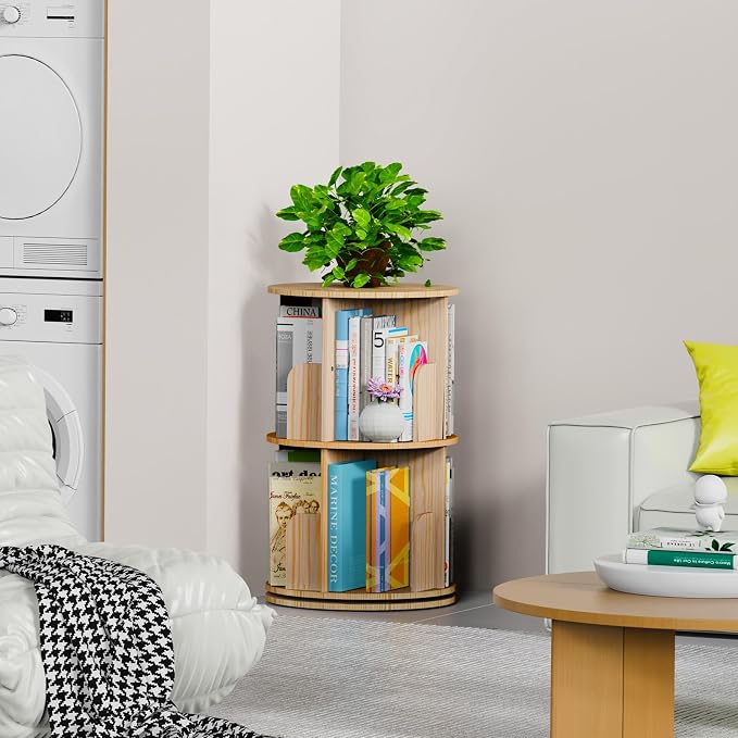 Kinembold Small Rotating Bookshelf, 2 Tier Revolving Bookcase 360 Display Round - Image 7