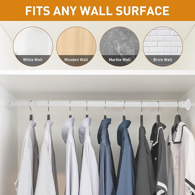 White Adjustable Closet Rod 18-92 Inches, Heavy Duty Metal Clothes Hanging Rod - Image 7