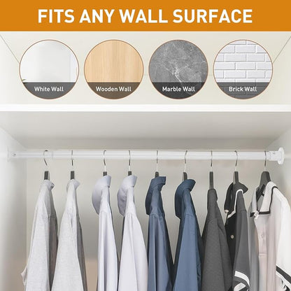 White Adjustable Closet Rod 18-63 Inches, Heavy Duty Metal Clothes Hanging Rod - Image 7