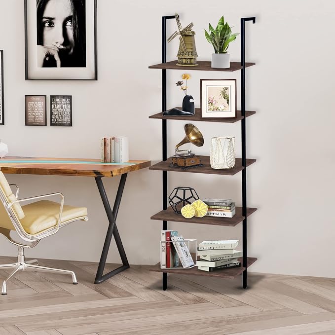 5 Tiers Ladder Shelf 2-Piece Black Modern Tall Bookshelf Open Large Tall Wall - Image 9