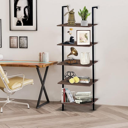 5 Tiers Ladder Shelf 2-Piece Black Modern Tall Bookshelf Open Large Tall Wall - Image 9
