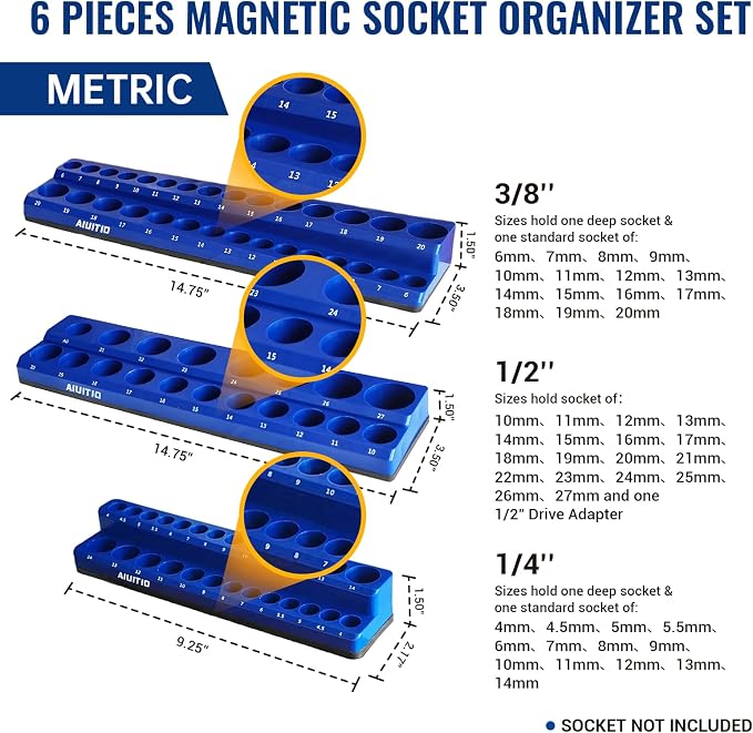 6-Piece Magnetic Socket Organizer Set, Magnetic Socket Holder Includes 1/4" - Image 5