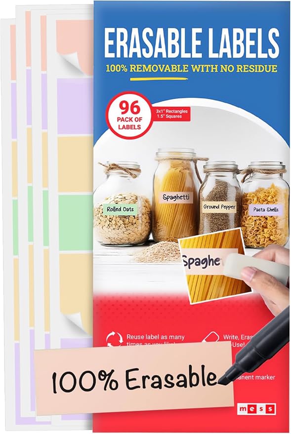 MESS Reusable Food Container Labels – Erasable, Removable Dry Erase Labels by MESS