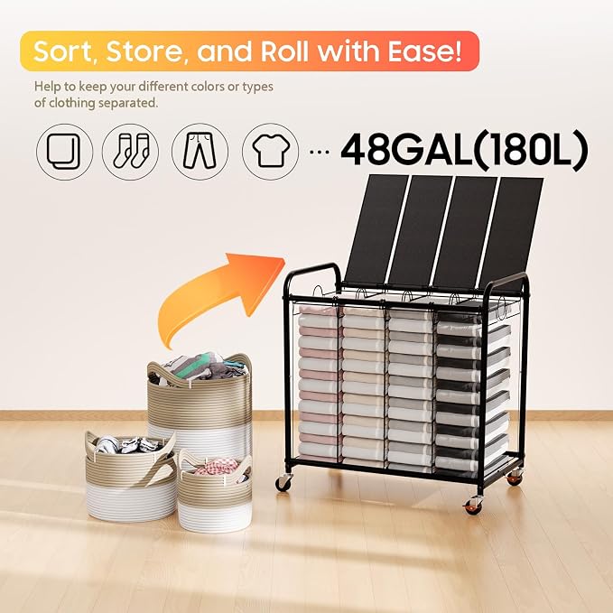 Laundry Sorter 4 Sections 48 Gal, Rolling Laundry Basket - Image 6