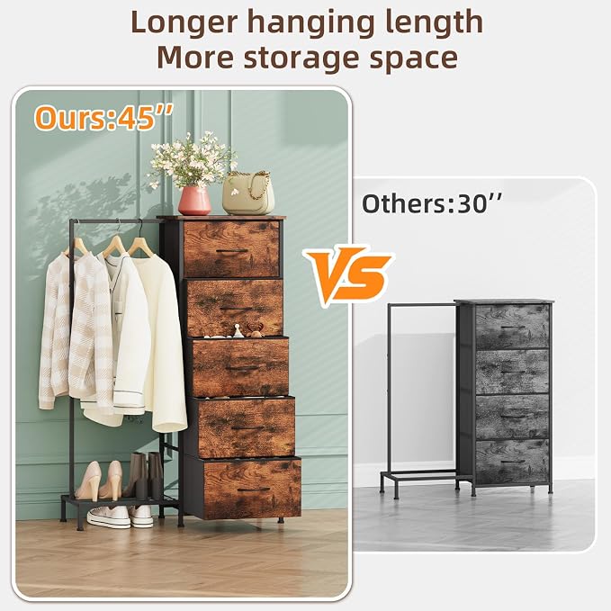 Somdot Dresser with Hanging Rack, 5 Drawers Small Closet - Image 8